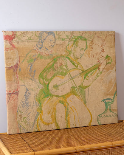 French Painted Hessian Mural Fragment of Musician, 1970s