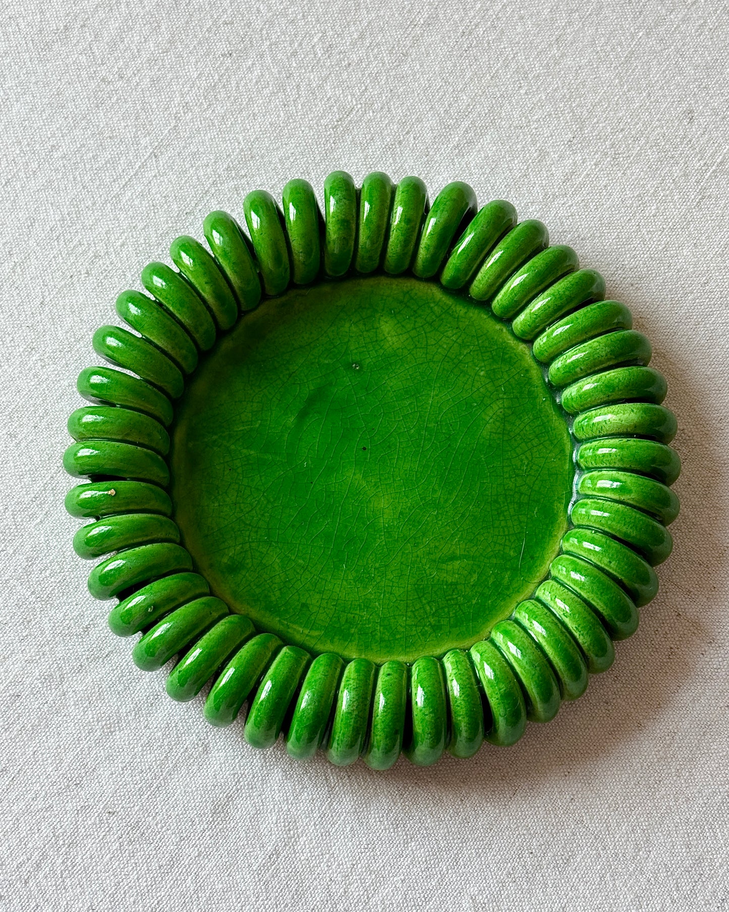 Vallauris Green Glazed Coiled Ceramic Trivet and Dish