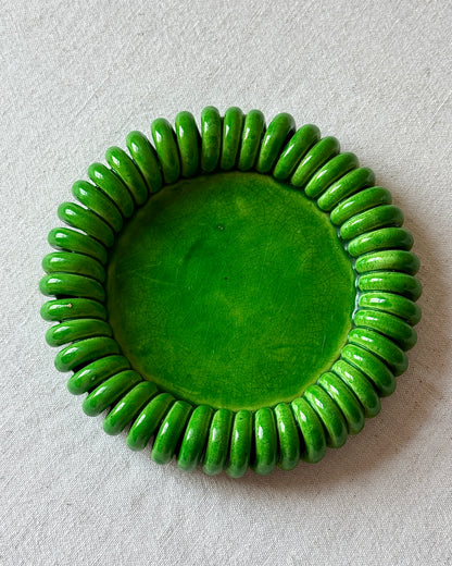 Vallauris Green Glazed Coiled Ceramic Trivet and Dish