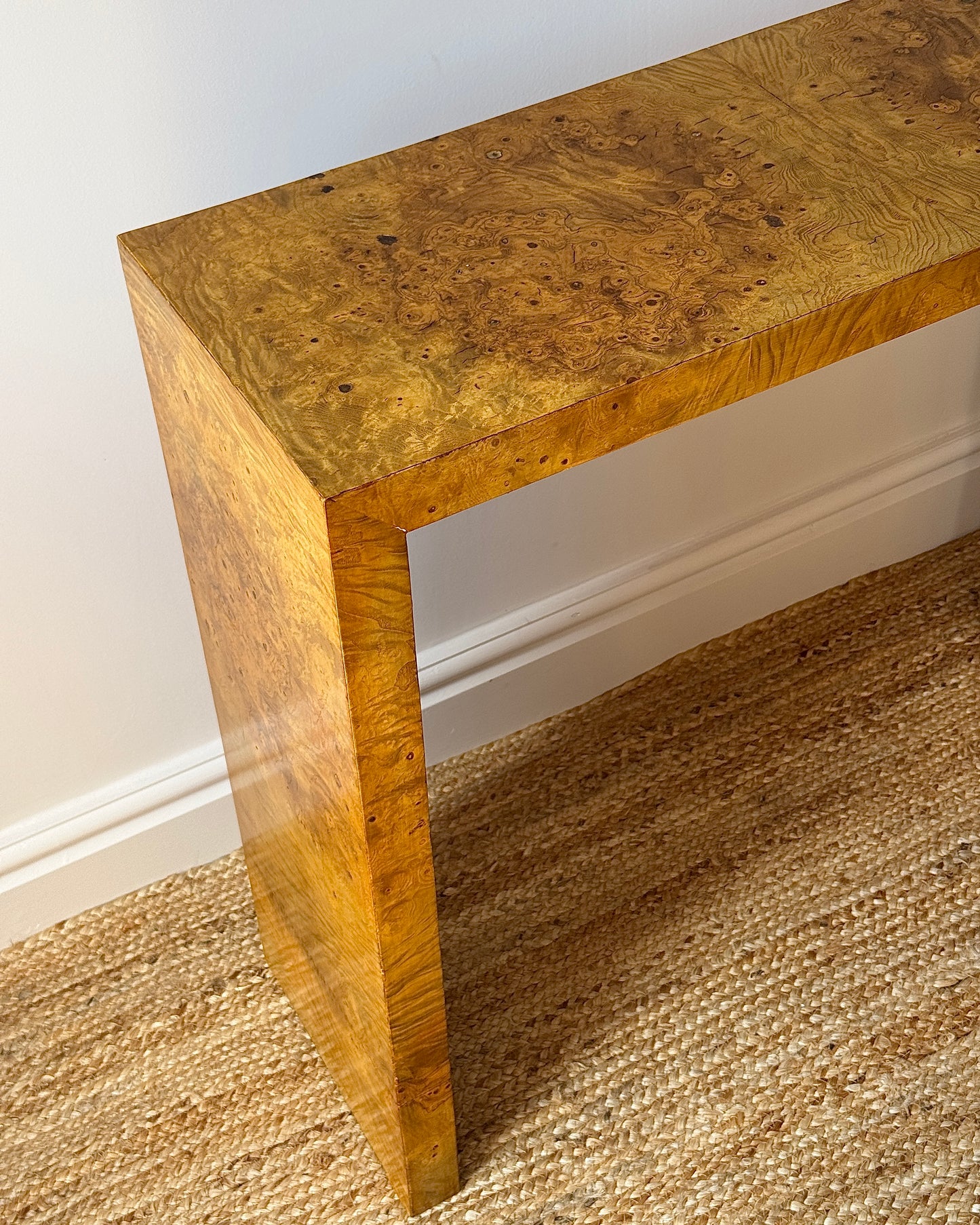 Italian Burl Waterfall Console Table, c.1970s