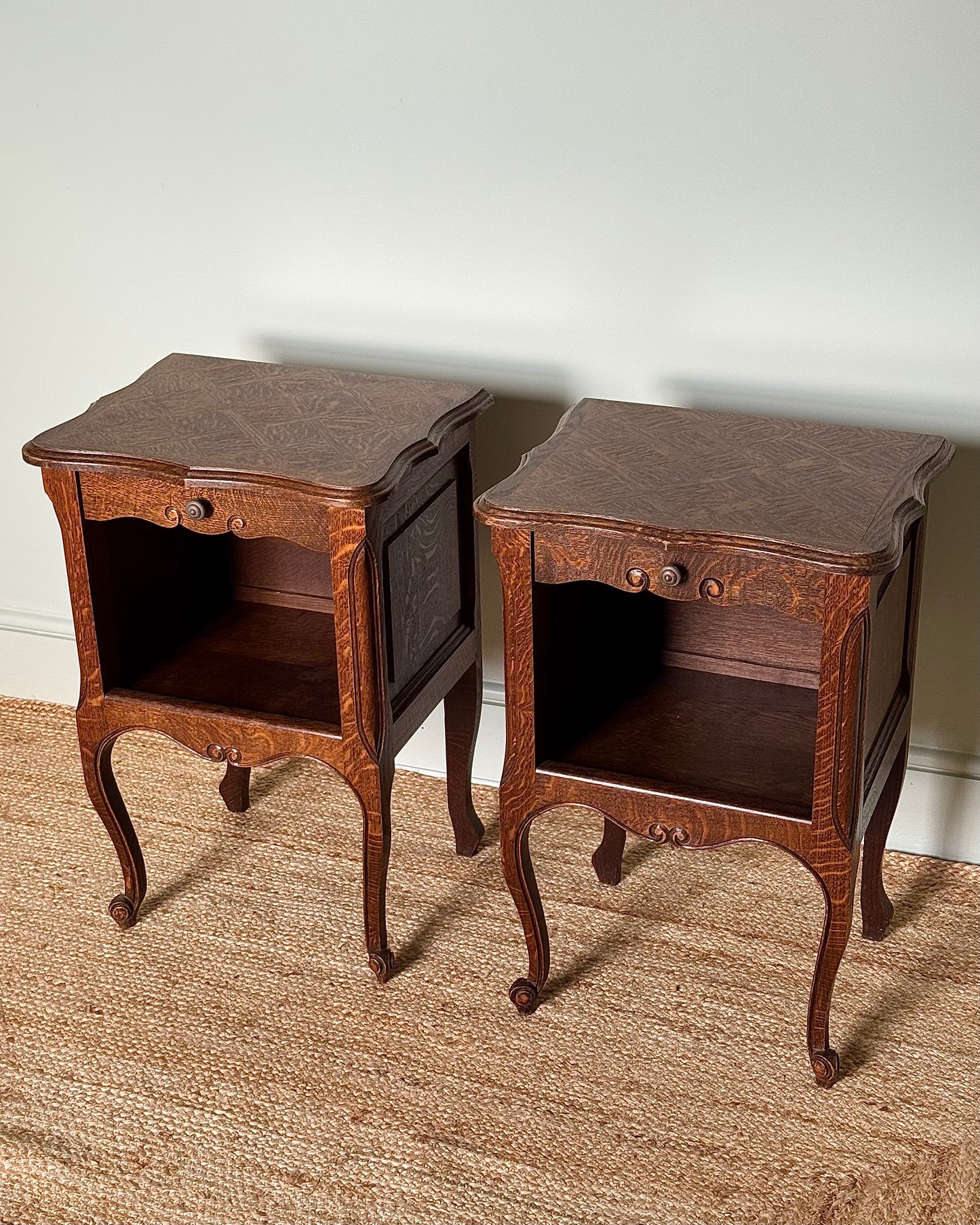 Pair of French Oak Parquetry Bedside Tables, circa. 1940’s