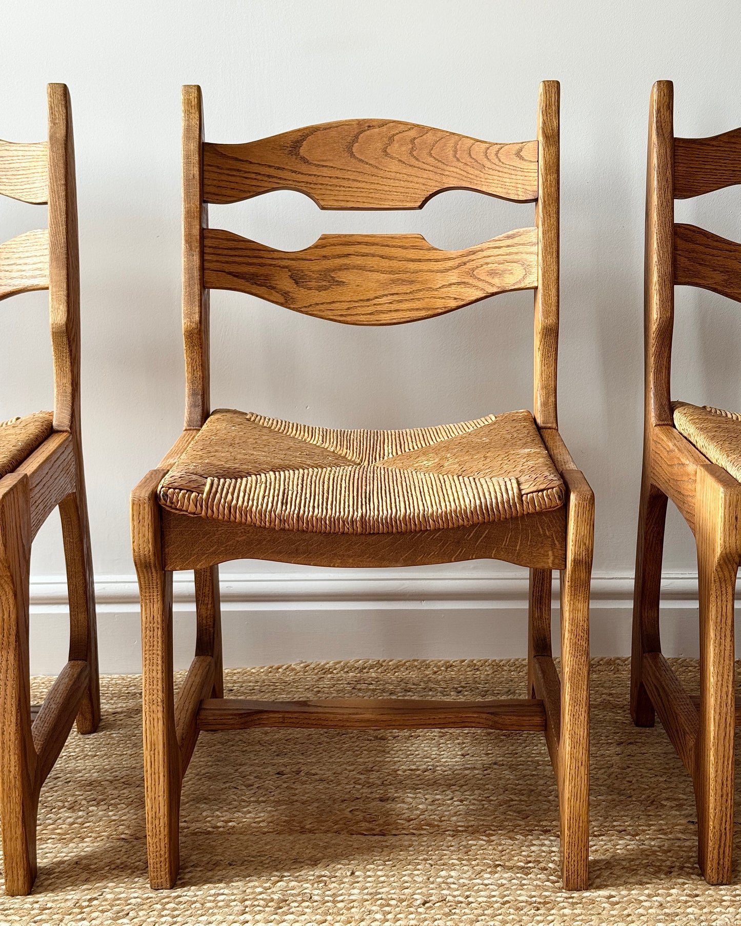 Set of Four Razor Back Oak & Rush Dining Chairs by Guillerme et Chambron
