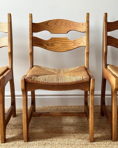Set of Four Razor Back Oak & Rush Dining Chairs by Guillerme et Chambron
