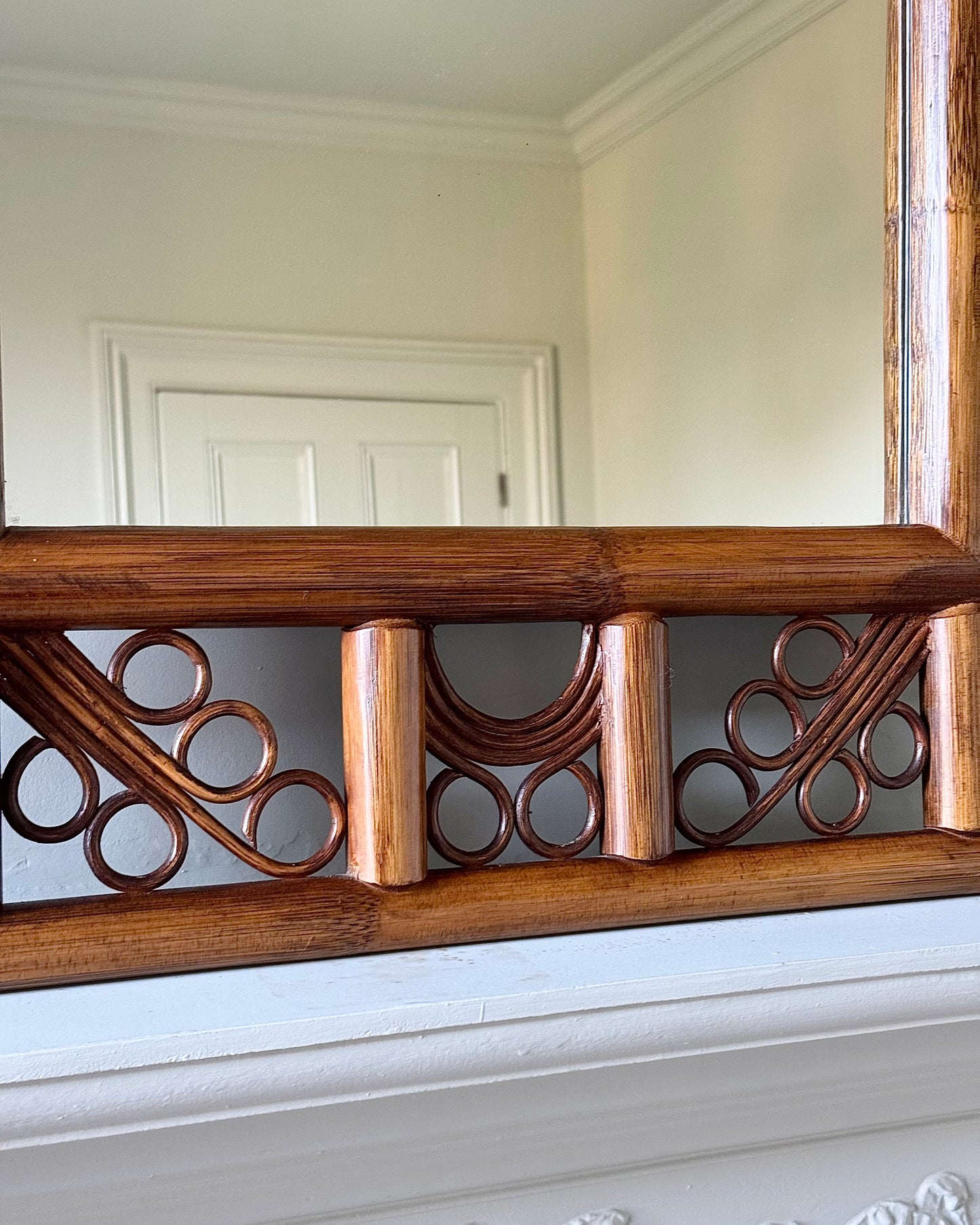 Large French Mid-Century Rattan Double Frame Mirror