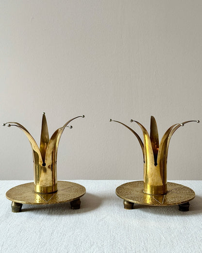 Pair of Swedish Brass Crown Candleholders with Hammered Bases, circa 1950