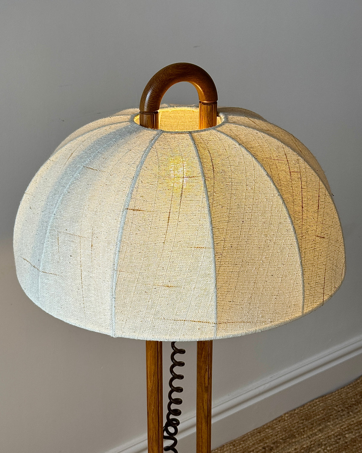 German Oak Floor Lamp with Domed Linen Shade, c.1970