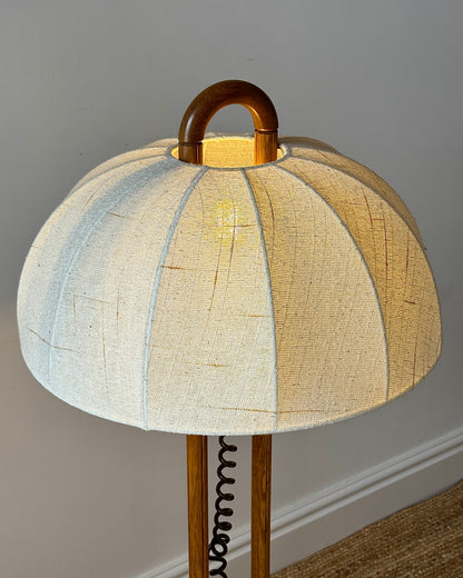German Oak Floor Lamp with Domed Linen Shade, c.1970
