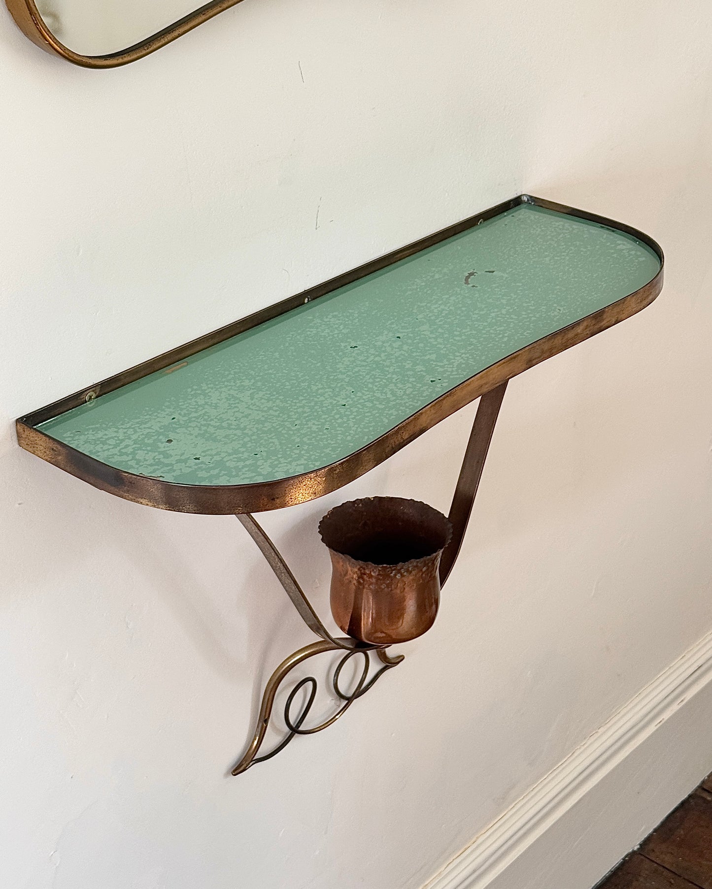 Italian Brass Sheild Mirror and Console, Attributed to Gio Ponti, c.1950s