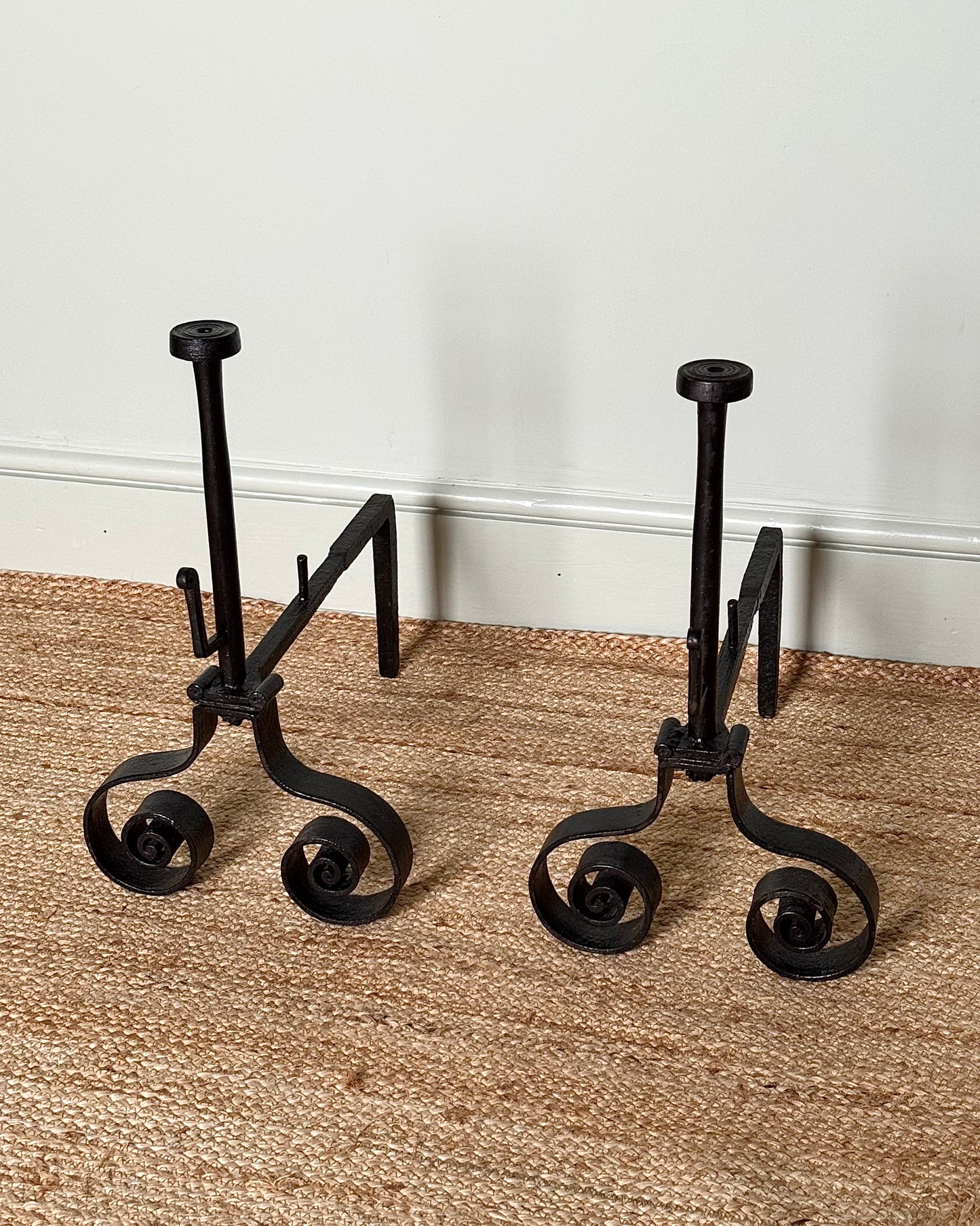 Pair of French Mid-century Wrought Iron Scroll Fire Dogs/Andirons