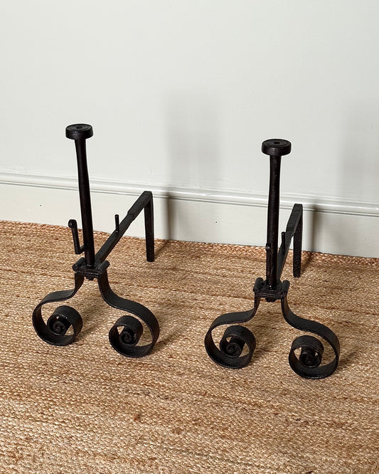 Pair of French Mid-century Wrought Iron Scroll Fire Dogs/Andirons