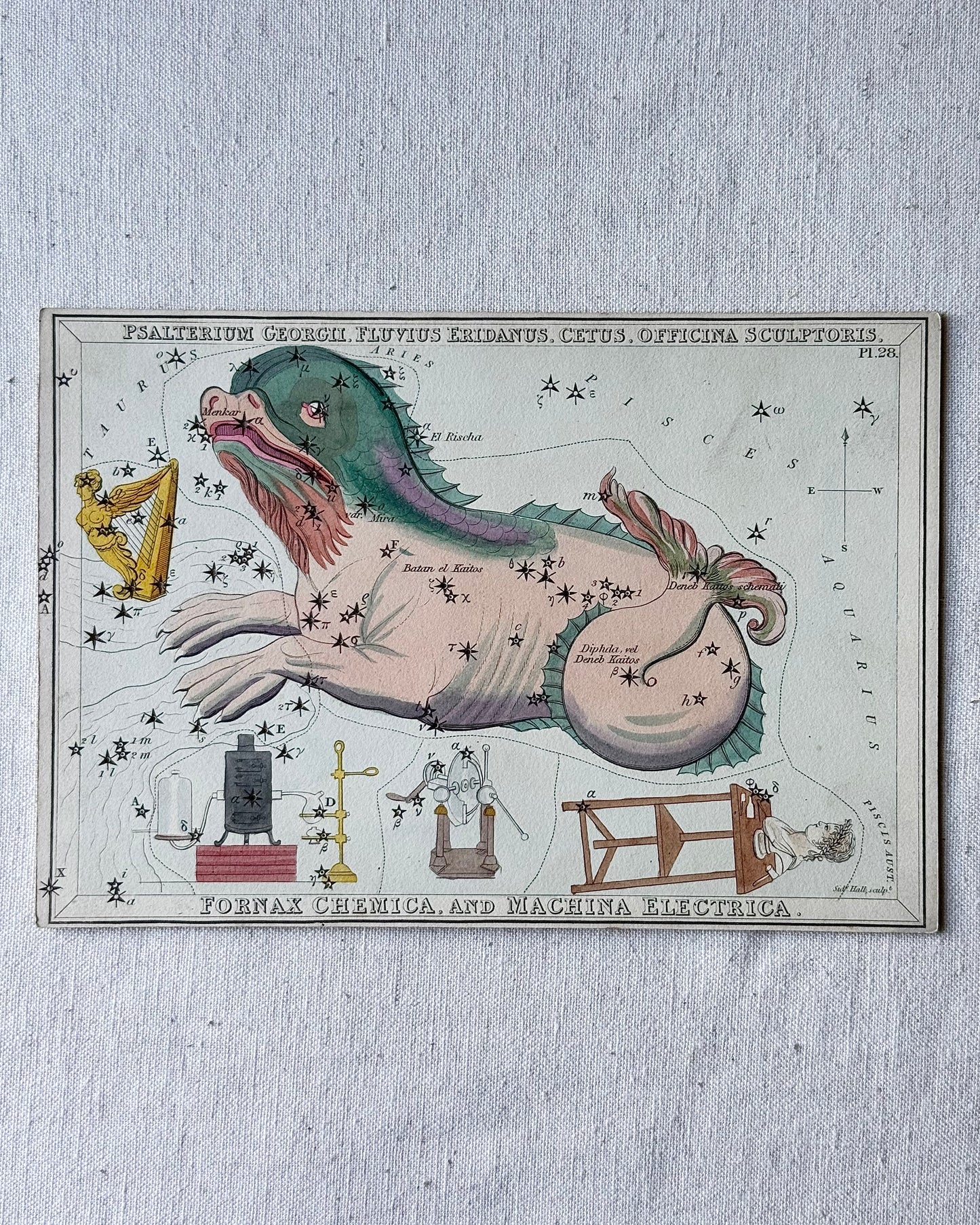 Antique Hand-Painted Constellation Print ‘Urania’s Mirror’ by Sidney Hall c. 1825