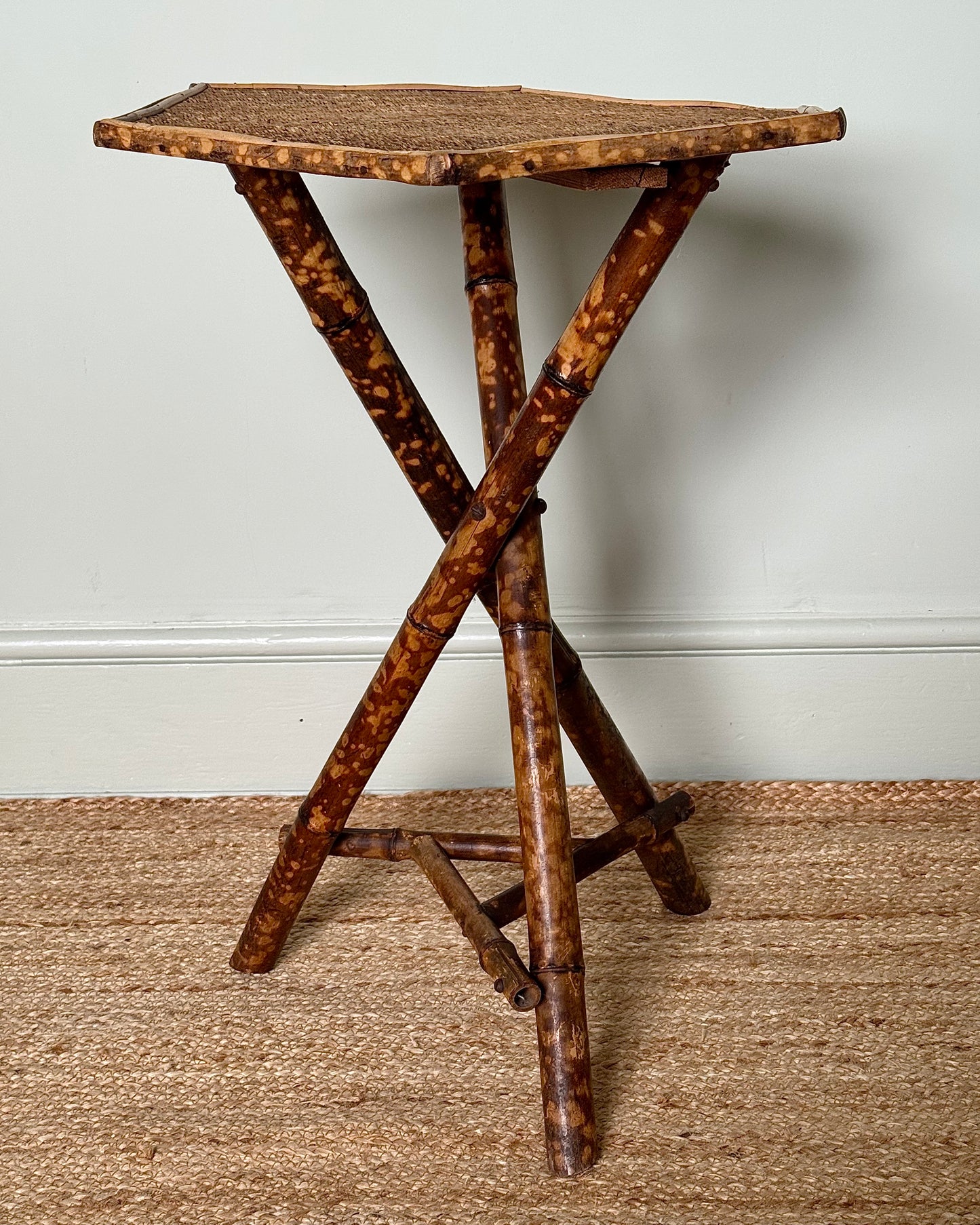 Antique Tiger Bamboo and Cane Hexagonal Side Table