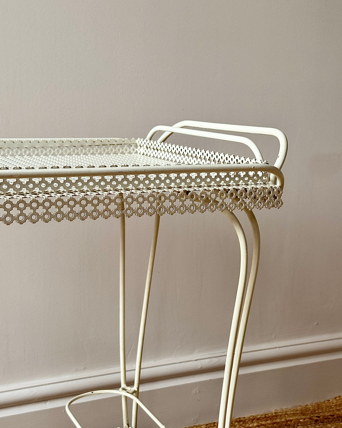 White Perforated Metal Bar Cart, In the Style of Mathieu Matégot