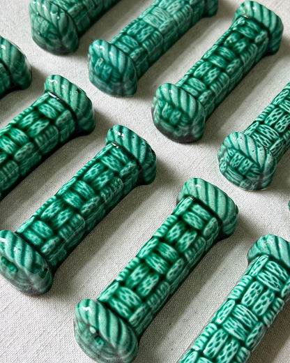 Set of 10 French Majolica Ceramic Green Glaze Woven Cutlery Rests, Digoin Sarreguemines