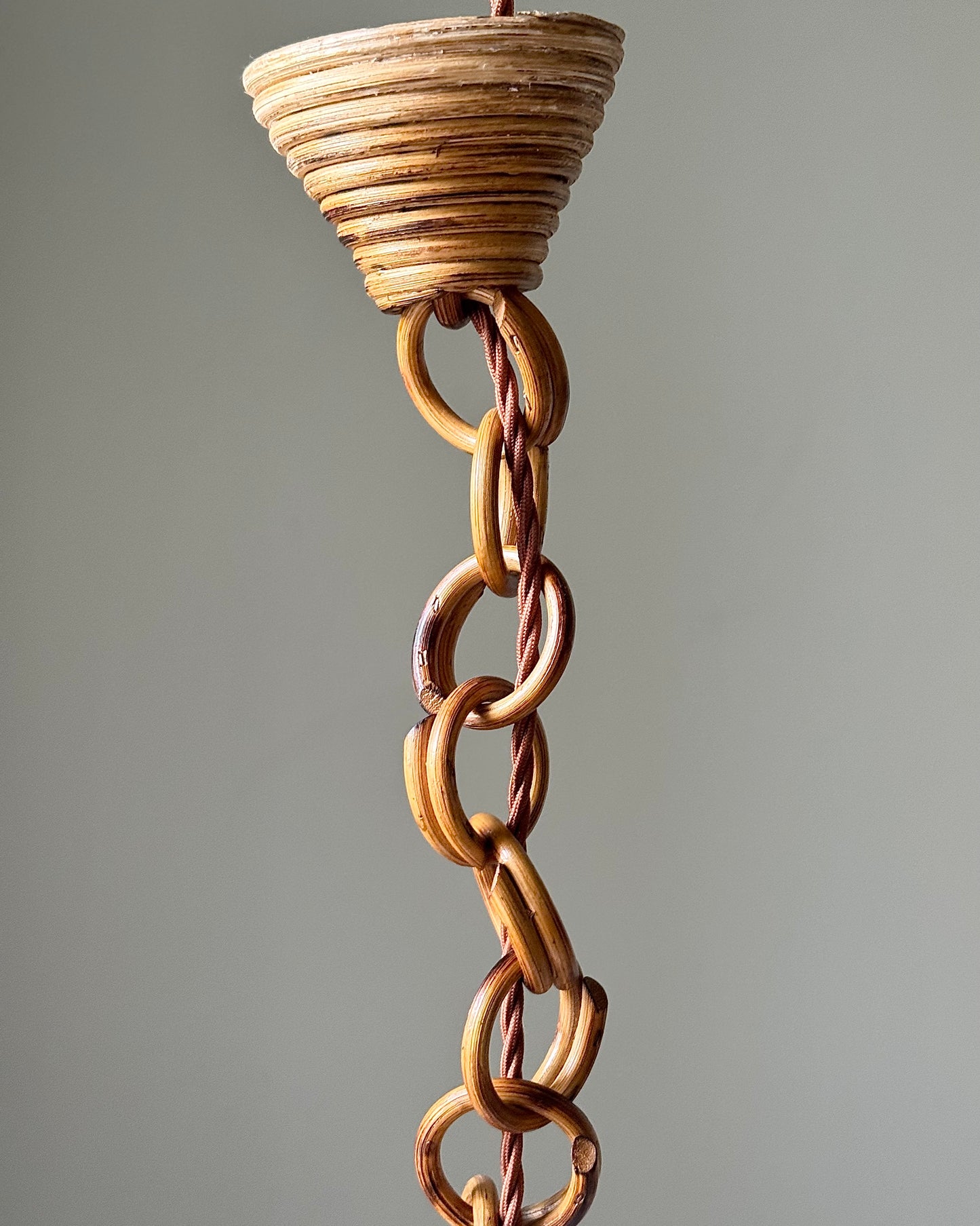 Vintage French Caged Rattan & Linen Pendant