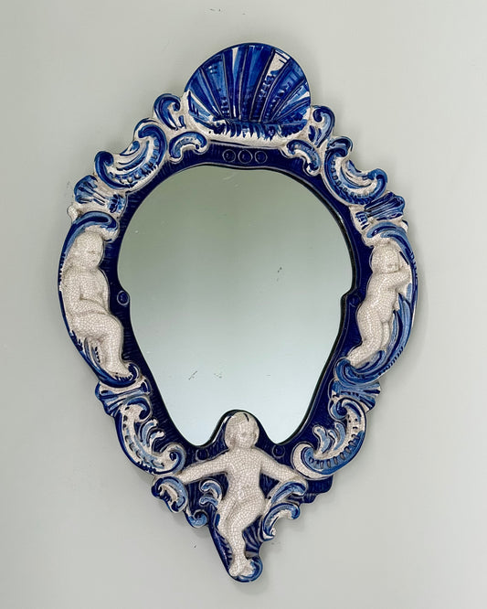 Italian Ceramic Mirror with Cherubs and Shell Motif