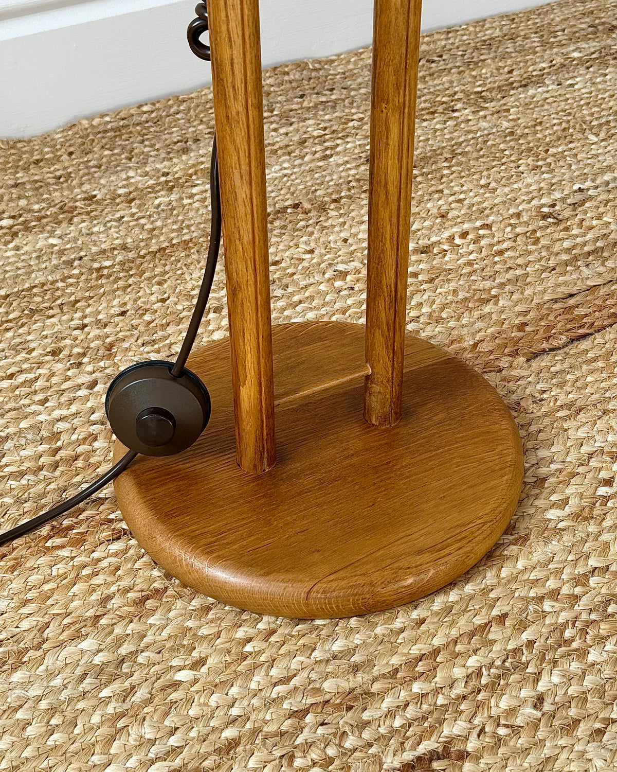 German Oak Floor Lamp with Domed Linen Shade, c.1970
