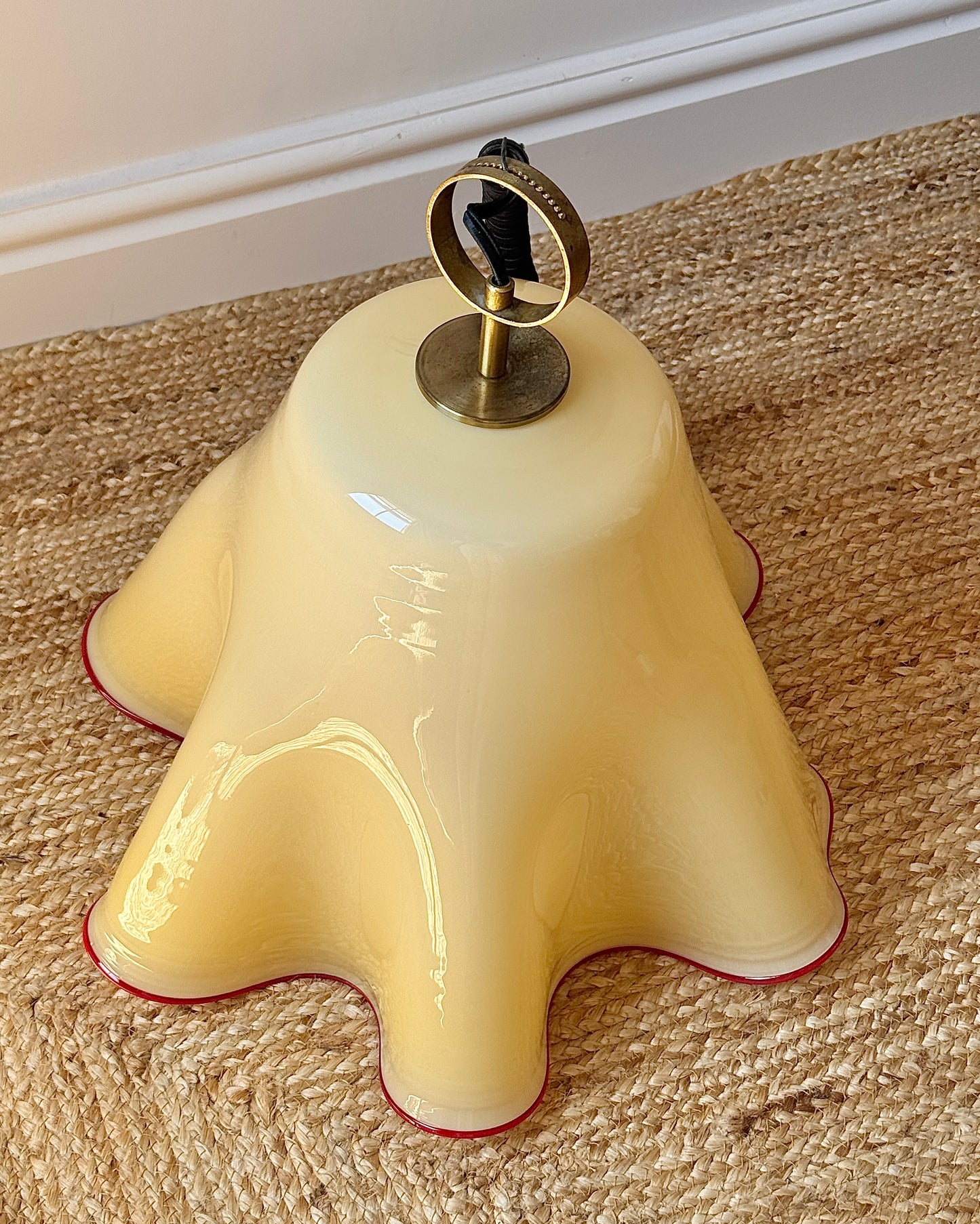 Large Murano Buttery Yellow & Red Rim Handkerchief Pendant, c. 1970s