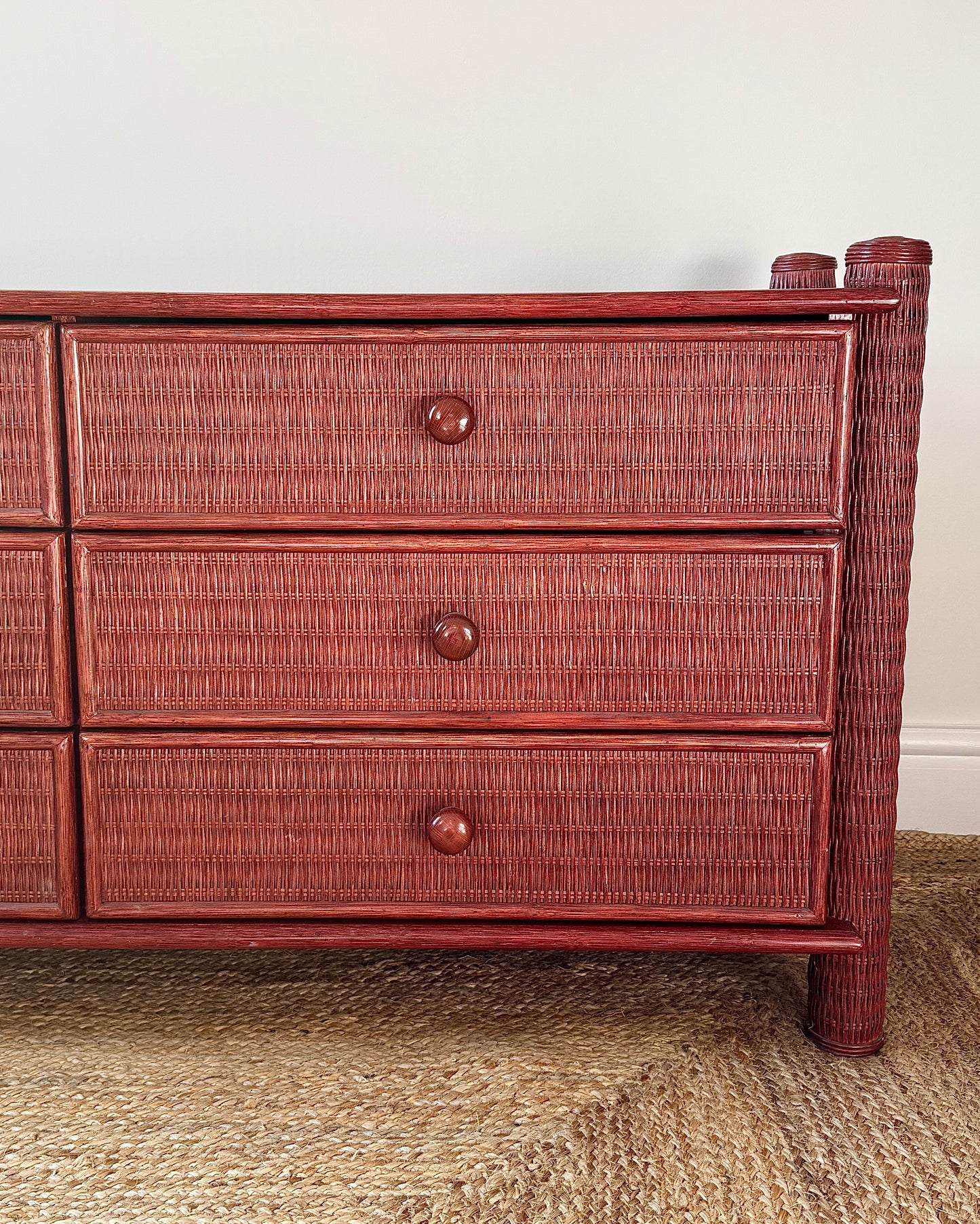French 1970’s Red Rattan Chest of Drawers