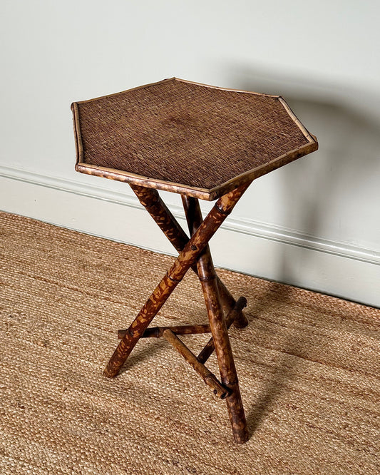 Antique Tiger Bamboo and Cane Hexagonal Side Table