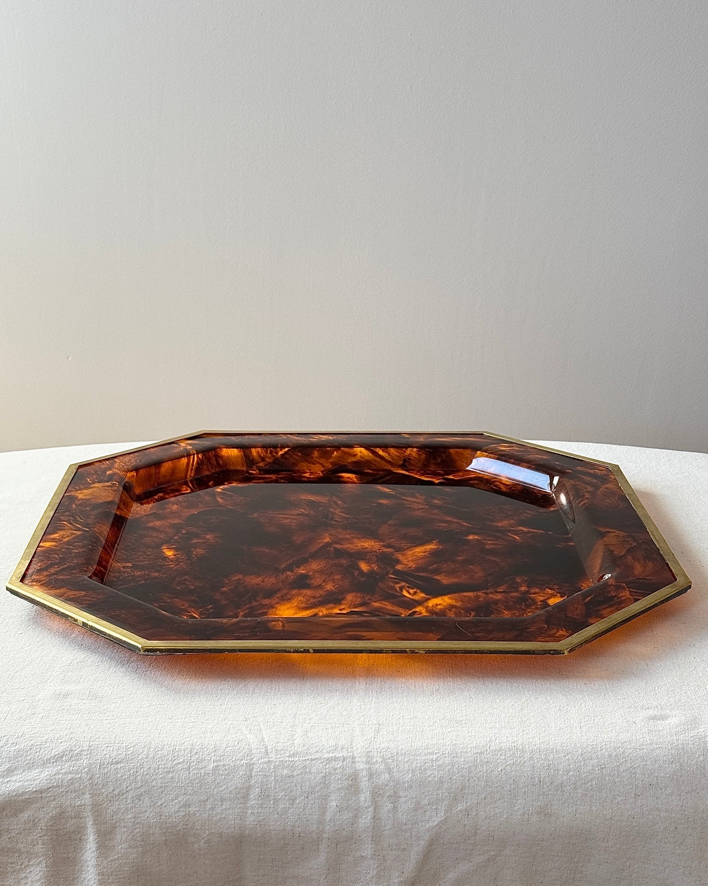 Octagonal Lucite Tortoiseshell Tray with Brass Rim, attributed to Maison Mercier