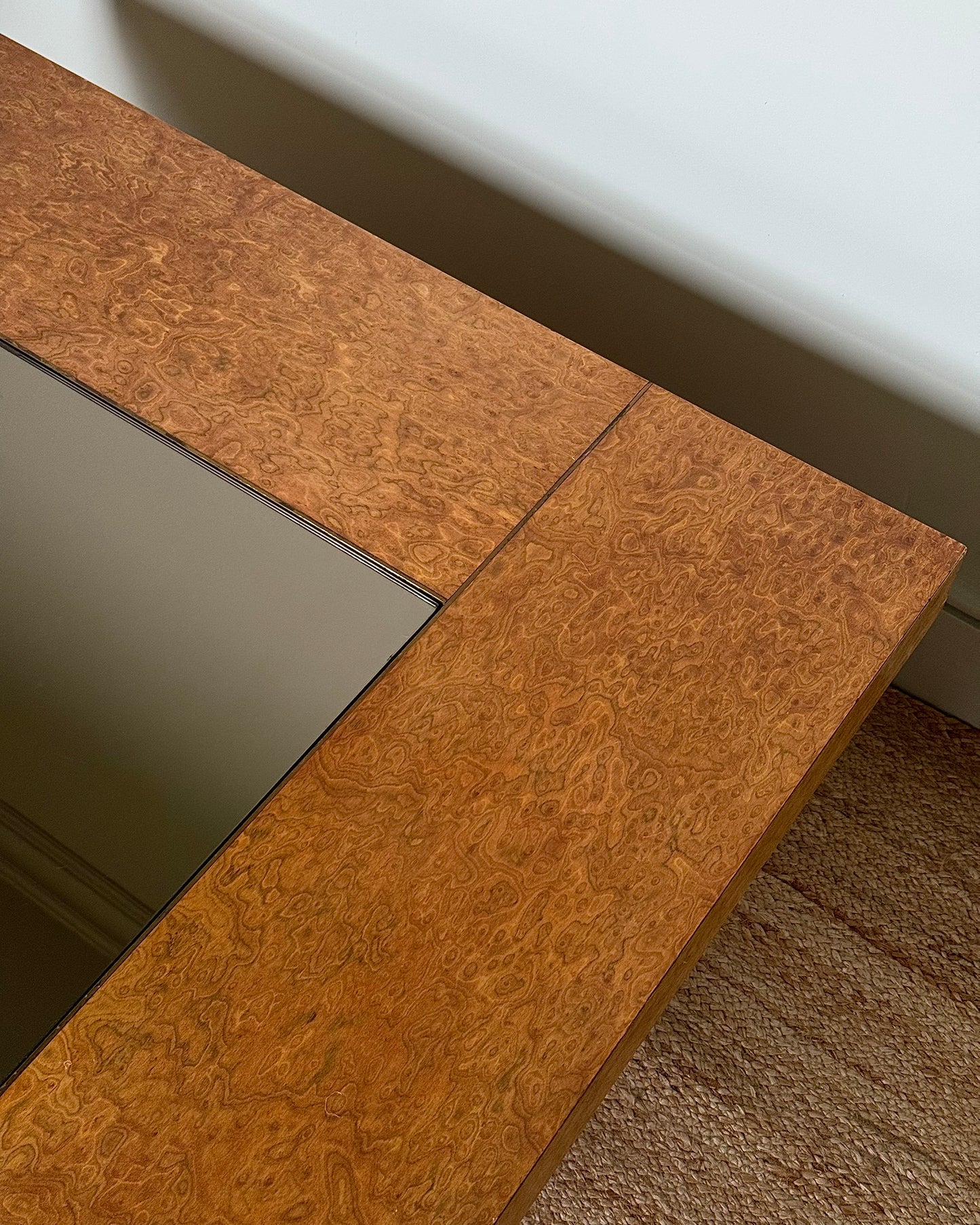 1970’s Birdseye Burlwood Maple, Brass Inlay & Smoked Glass Coffee Table