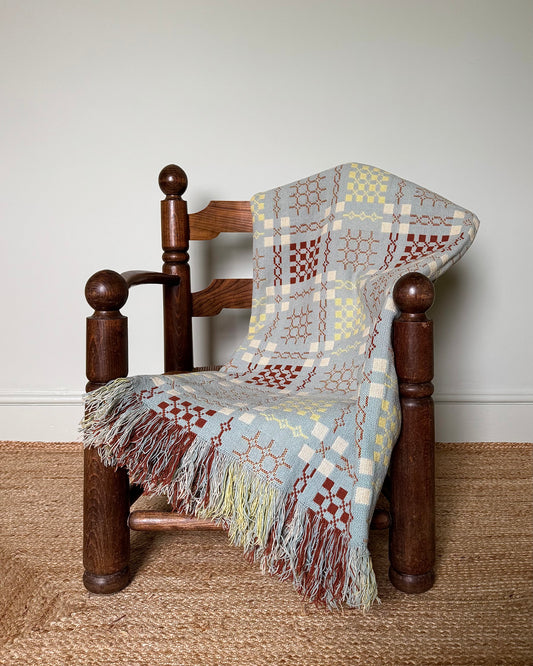 Vintage Welsh Wool Tapestry Blanket in Pastel Blue, Brown & Yellow