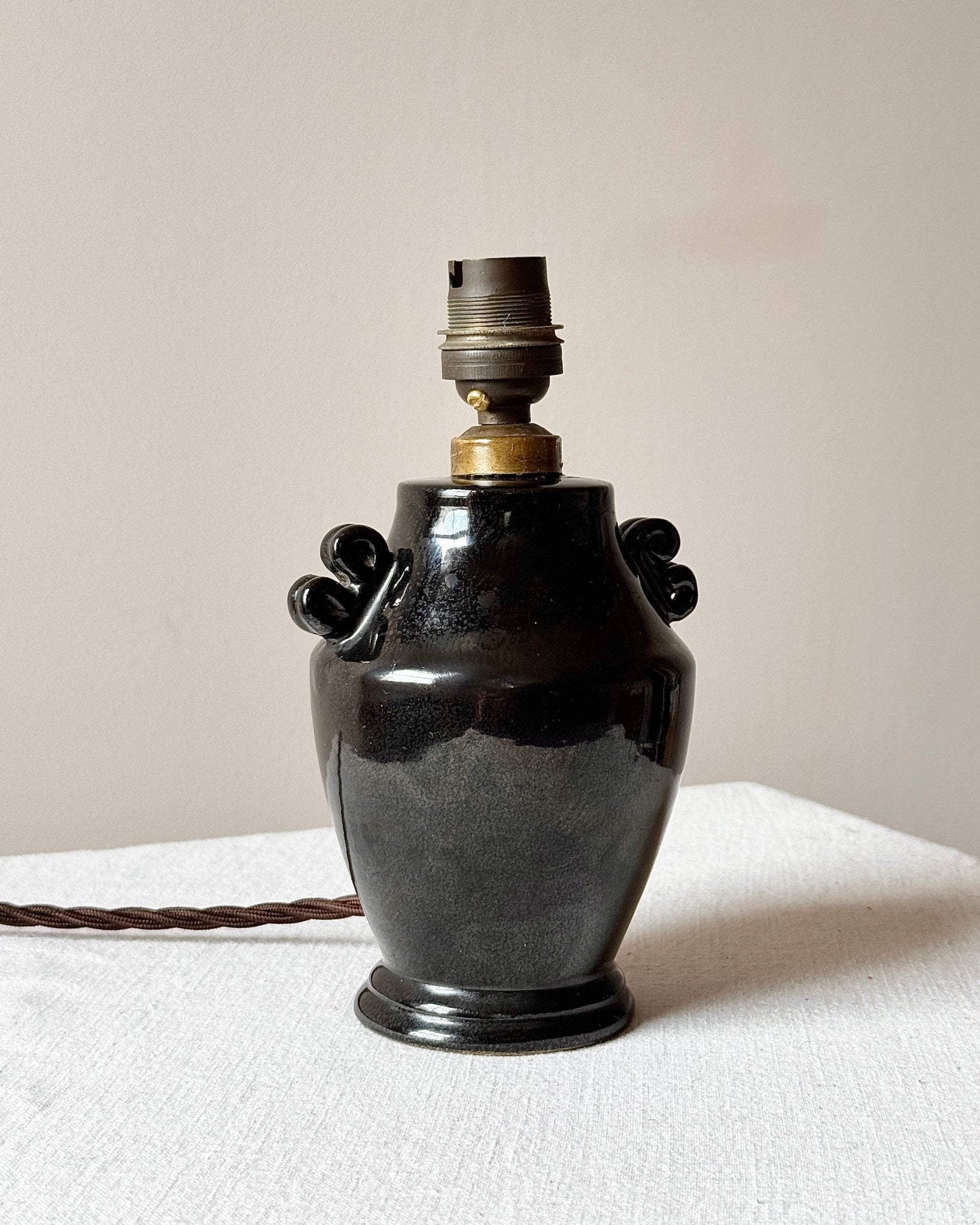 French Art Deco Black Ceramic Table Lamp with Scrolled Handles - Club Sourced