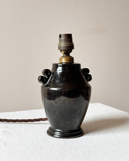 French Art Deco Black Ceramic Table Lamp with Scrolled Handles - Club Sourced
