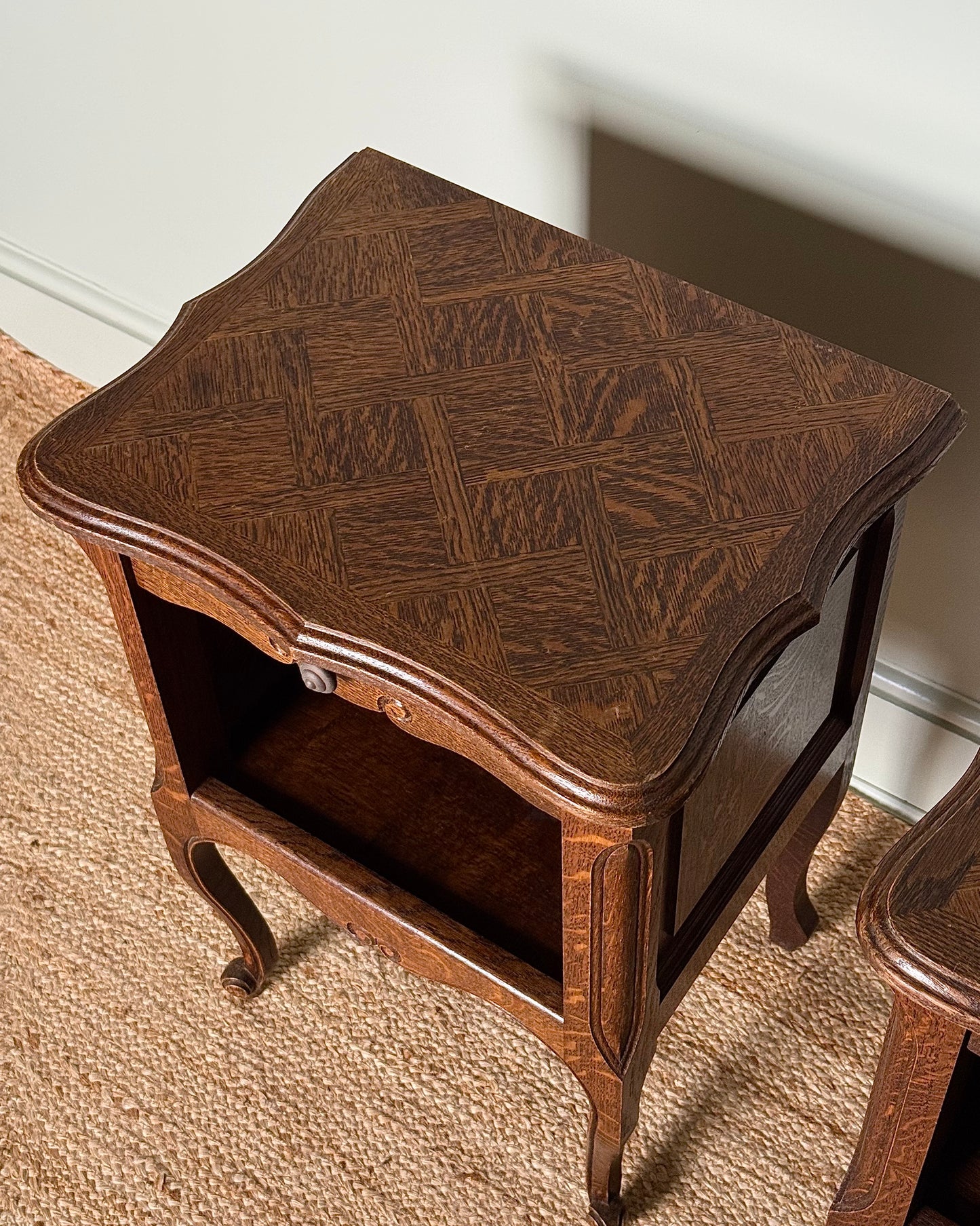 Pair of French Oak Parquetry Bedside Tables, circa. 1940’s