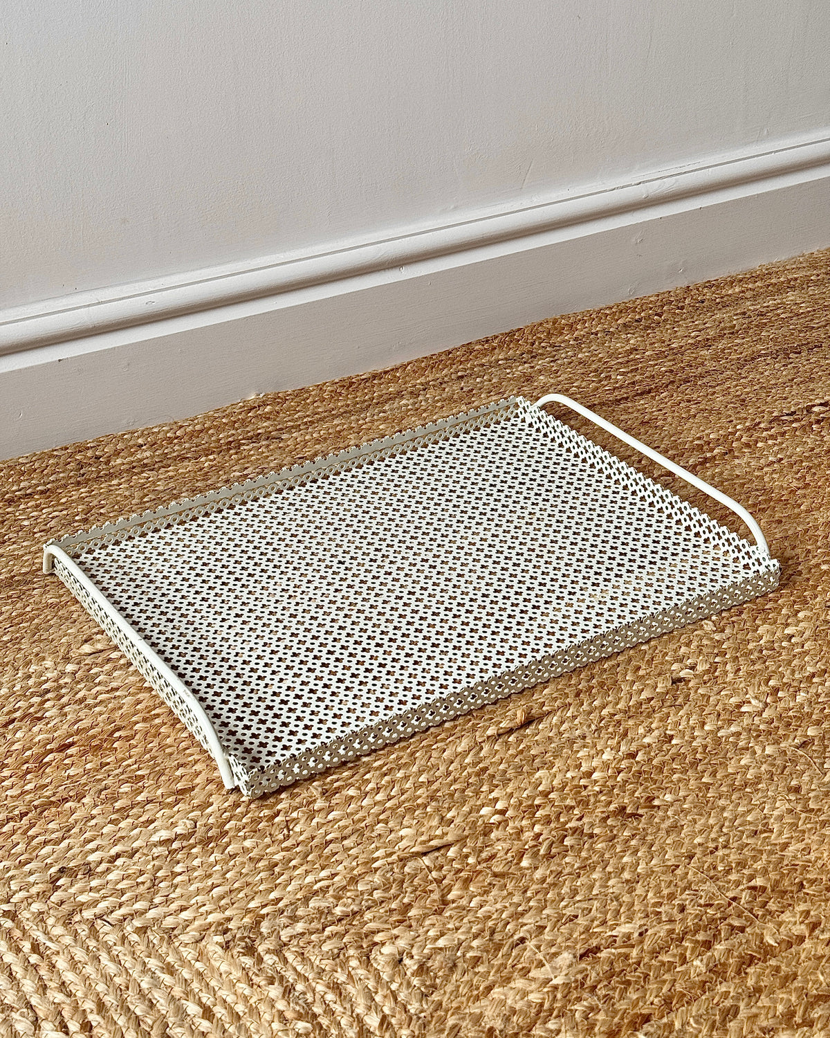 White Perforated Metal Bar Cart, In the Style of Mathieu Matégot