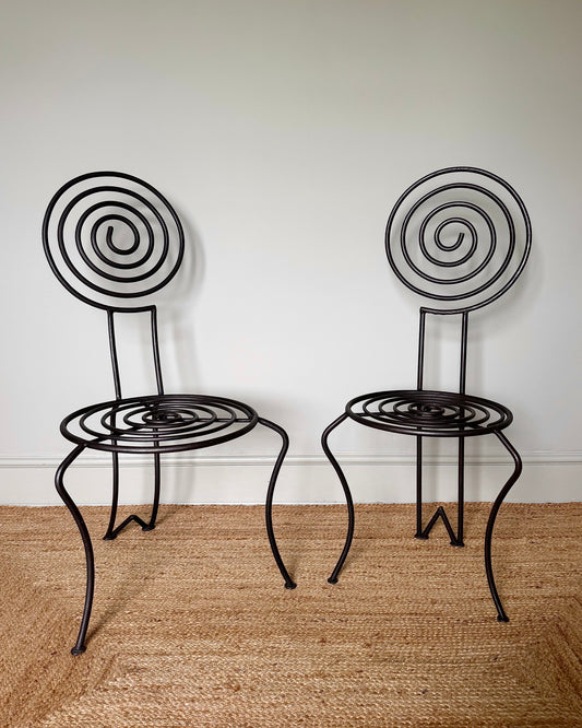 French Atelier Wrought Iron Spiral Accent Chairs, Signed JTS