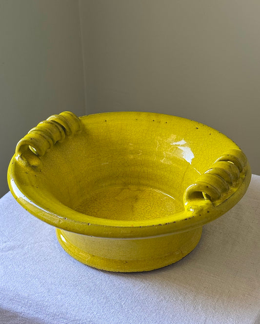 Antique Catalan Yellow Glazed Terracotta Bowl with Scroll Handles
