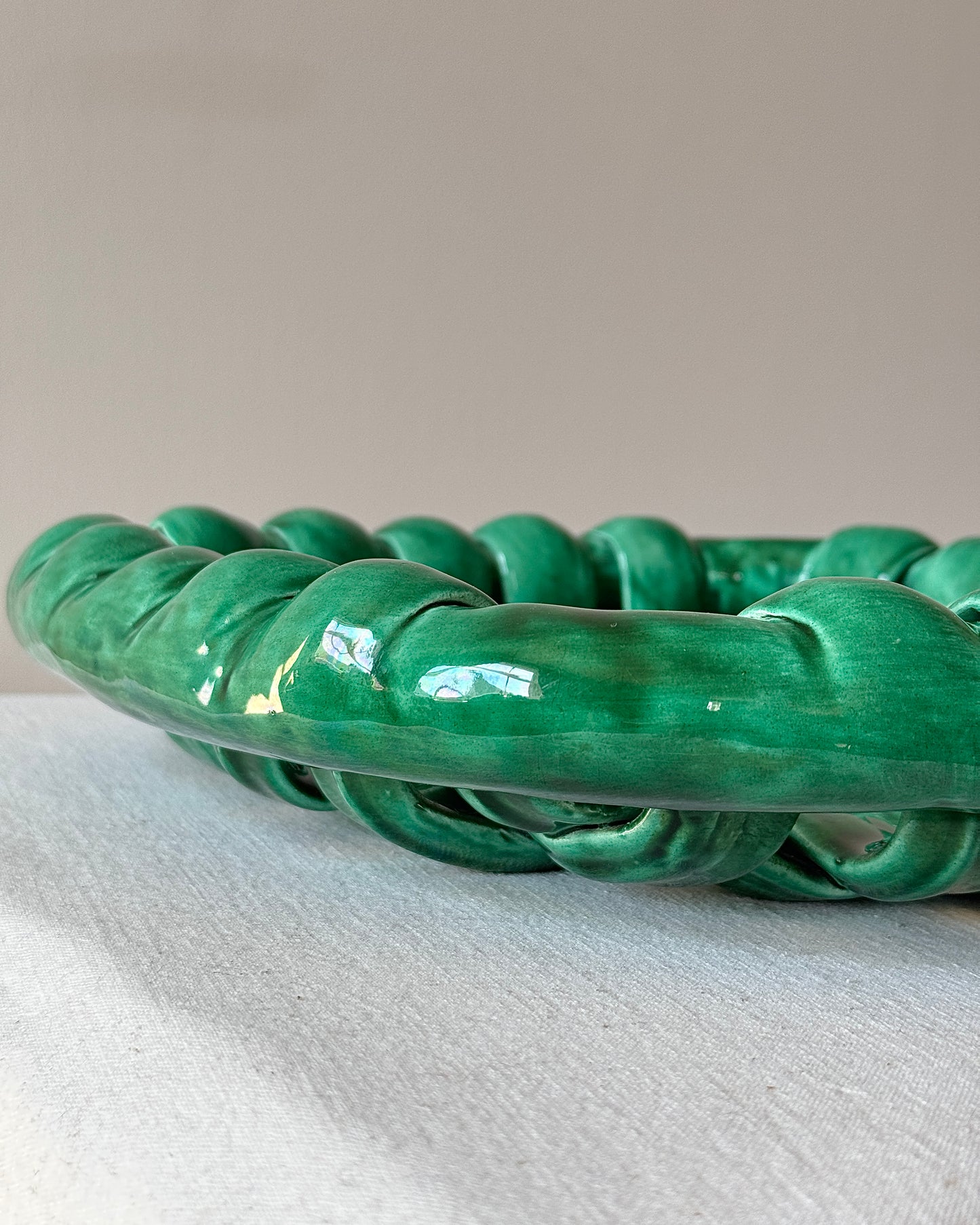 Large Emerald Green Glazed Ceramic Chunky Woven Bowl