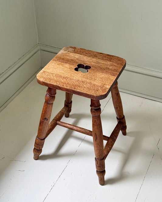 French Mid-century Oak Stool with Quatrefoil Cut-Out