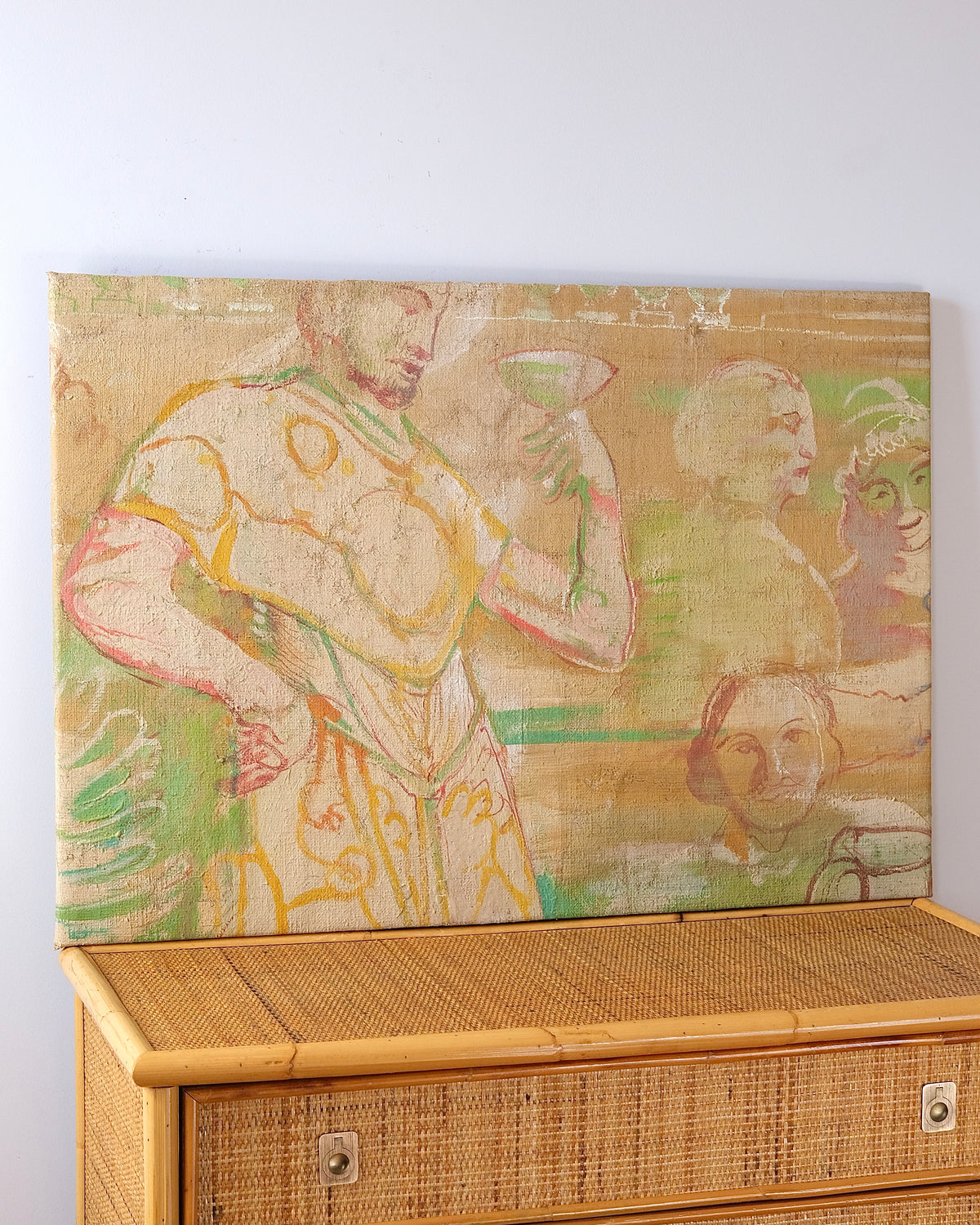 French Painted Hessian Mural Fragment with Figures Drinking Wine, 1970s