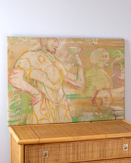 French Painted Hessian Mural Fragment with Figures Drinking Wine, 1970s