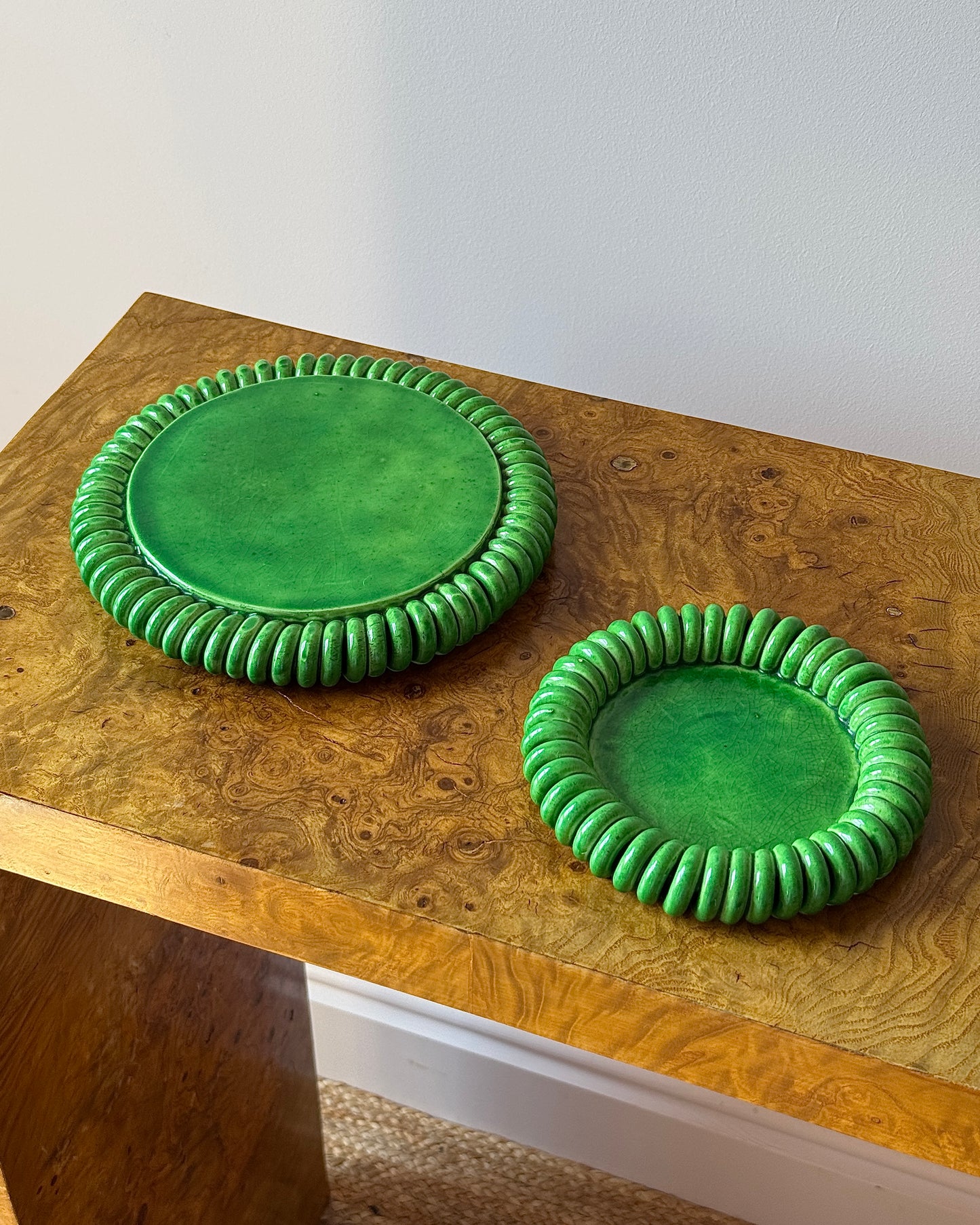 Vallauris Green Glazed Coiled Ceramic Trivet and Dish