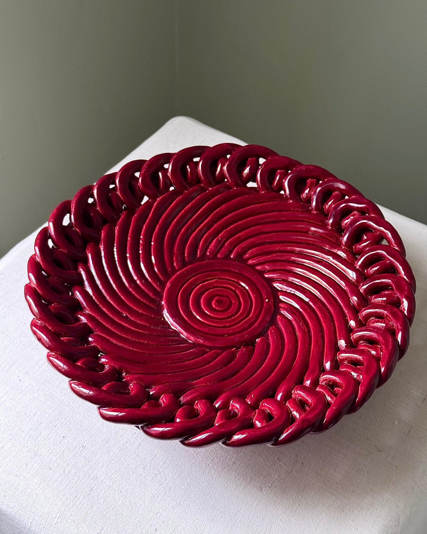 Large Vallauris Glossy Red Glaze Twisted Rope Bowl