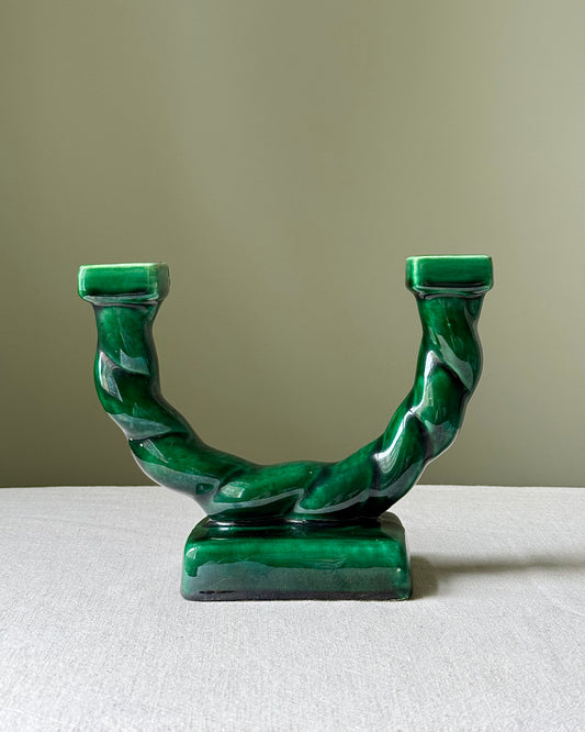 French Vintage Green Glaze Rope Candelabras, Longchamp
