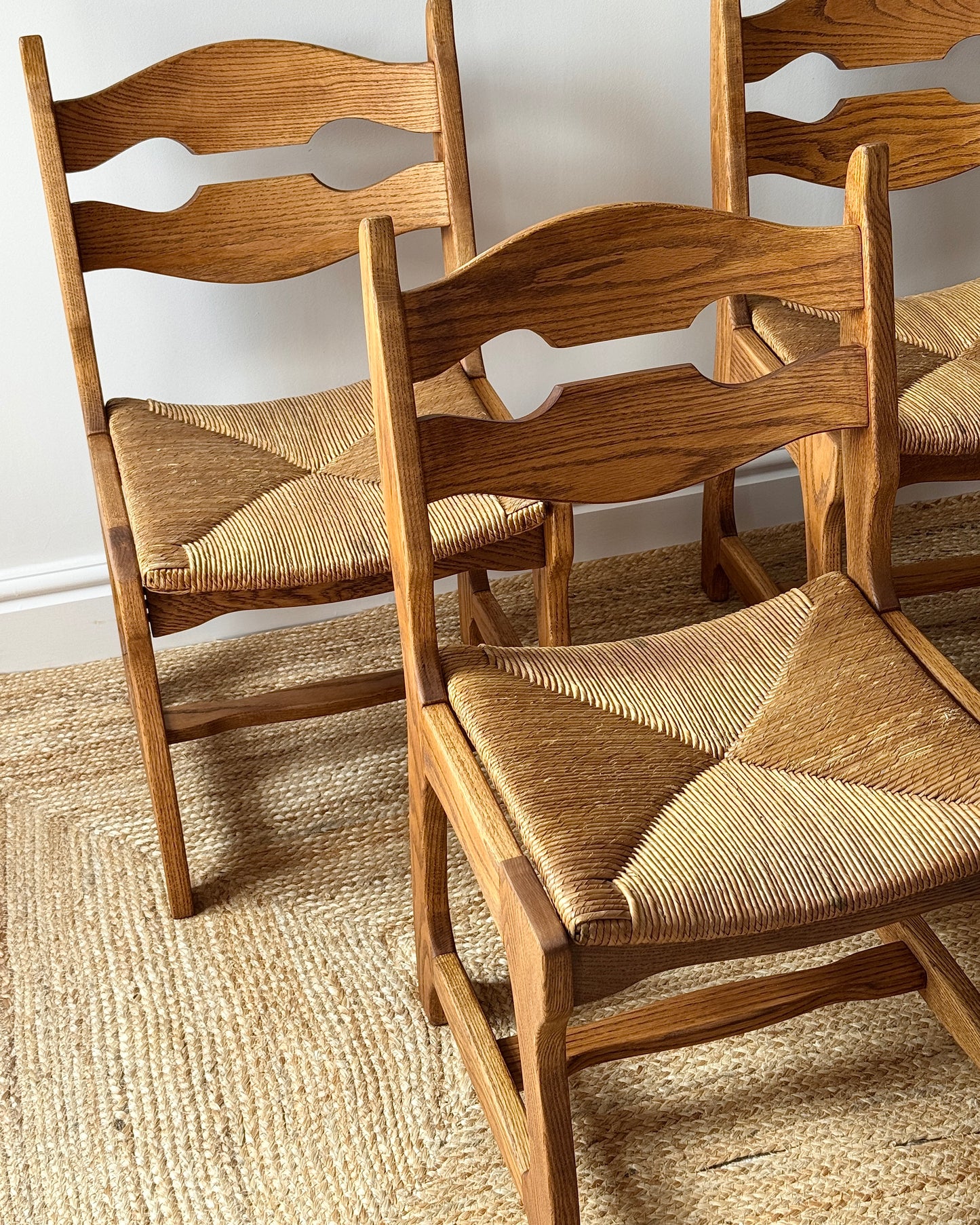 Set of Four Razor Back Oak & Rush Dining Chairs by Guillerme et Chambron