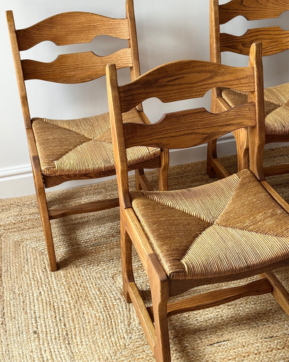 Set of Four Razor Back Oak & Rush Dining Chairs by Guillerme et Chambron