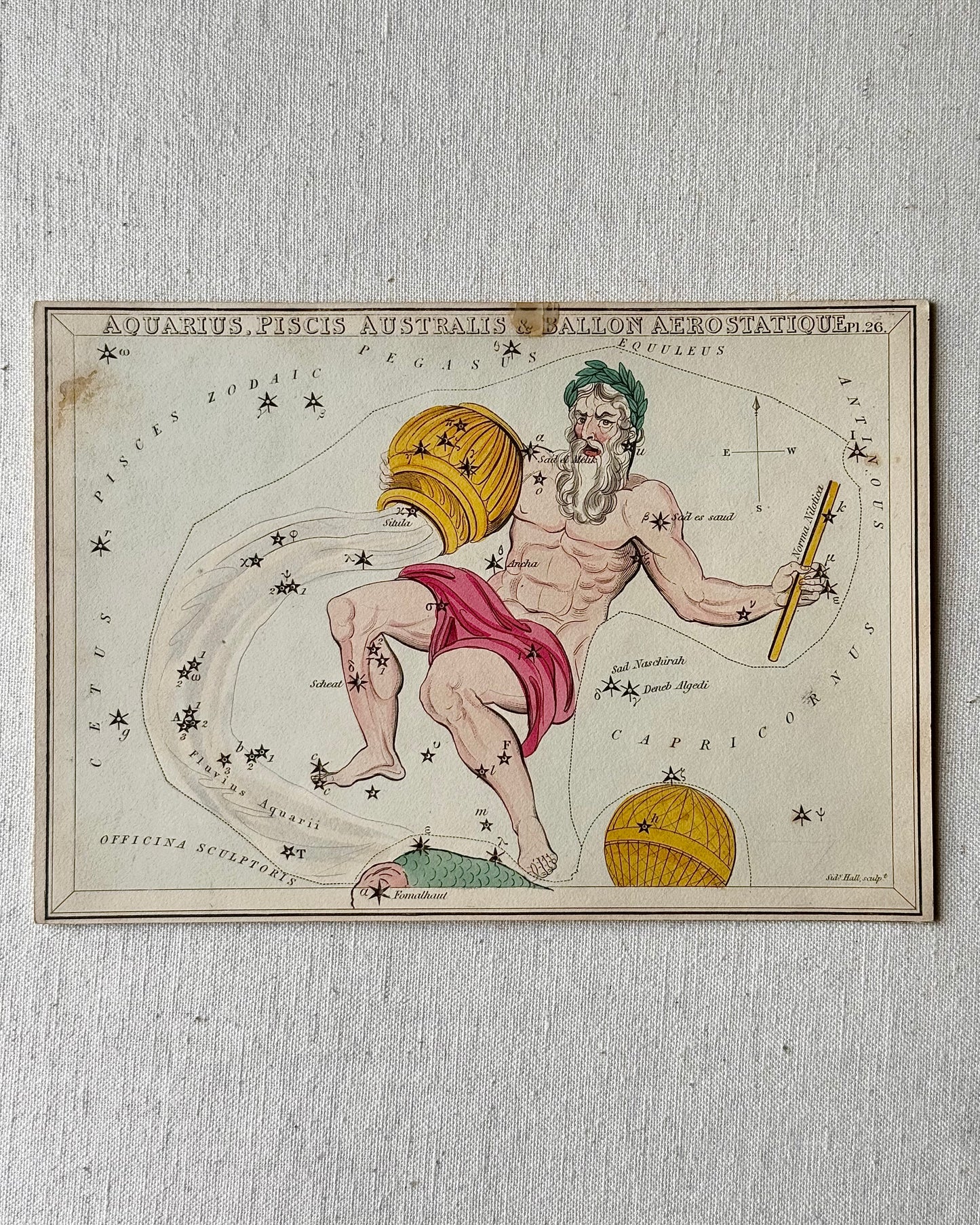 Antique Hand-Painted Constellation Print ‘Urania’s Mirror’ by Sidney Hall c. 1825