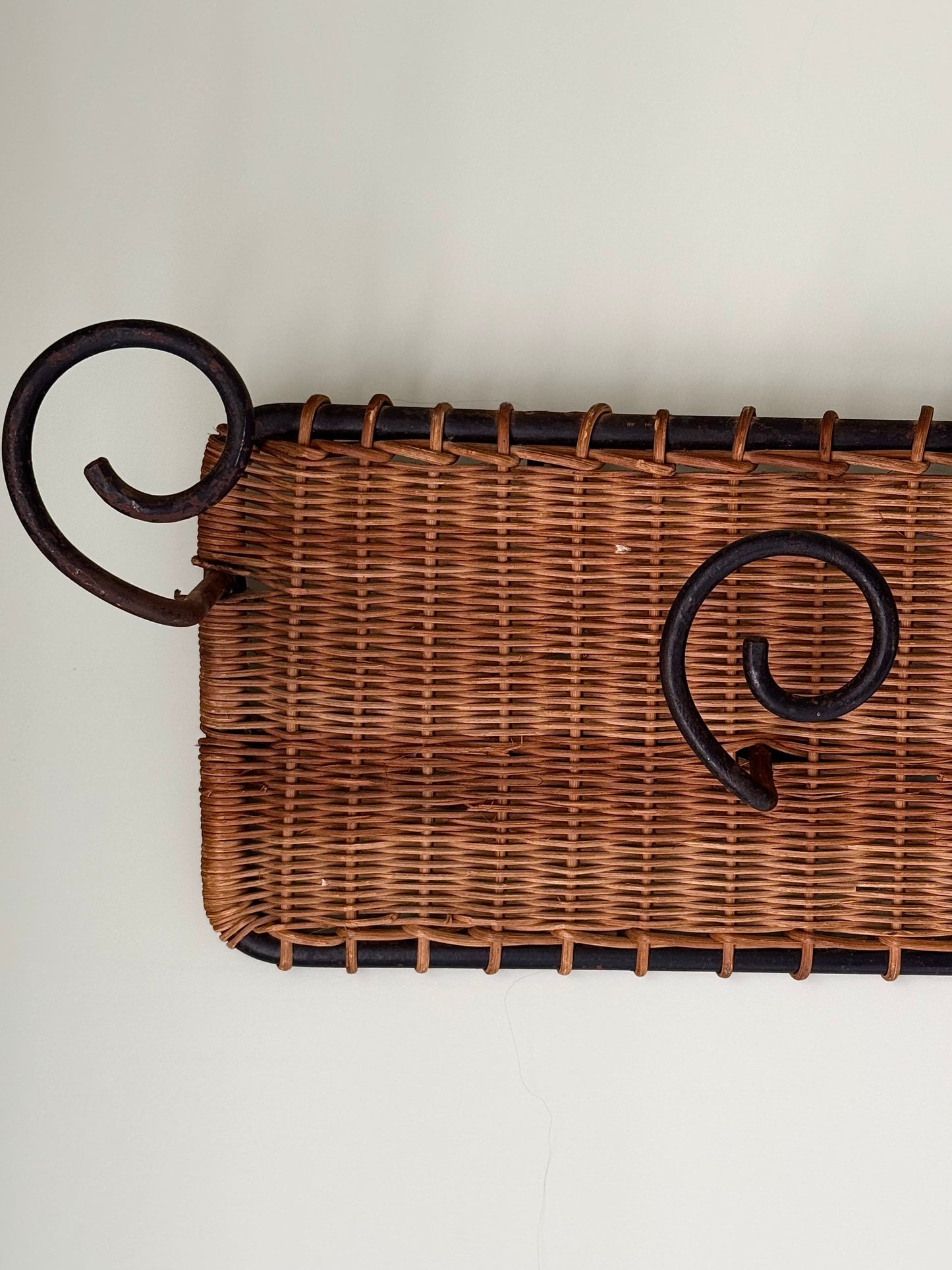 Woven Rattan & Wrought Iron Swirl Wall Hook Rack