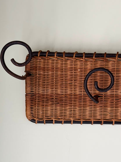 Woven Rattan & Wrought Iron Swirl Wall Hook Rack