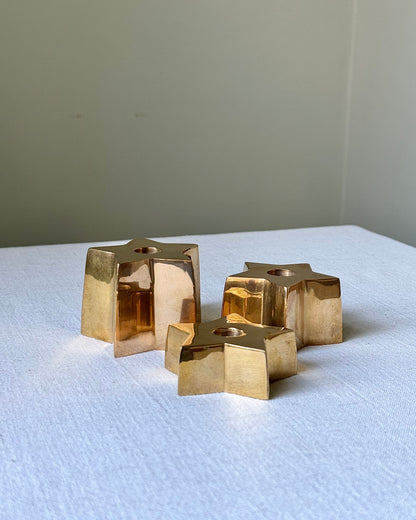 Trio of Scandinavian Graduated Brass Star Candleholders