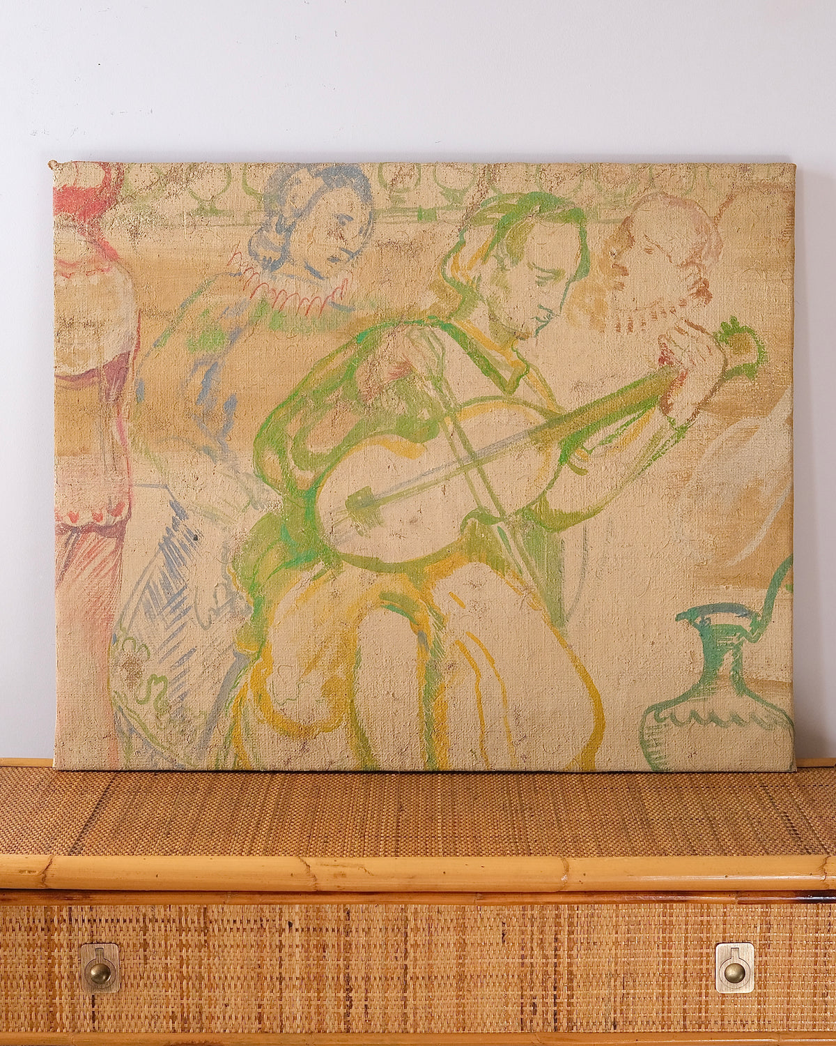 French Painted Hessian Mural Fragment of Musician, 1970s