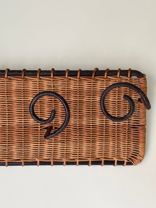 Woven Rattan & Wrought Iron Swirl Wall Hook Rack