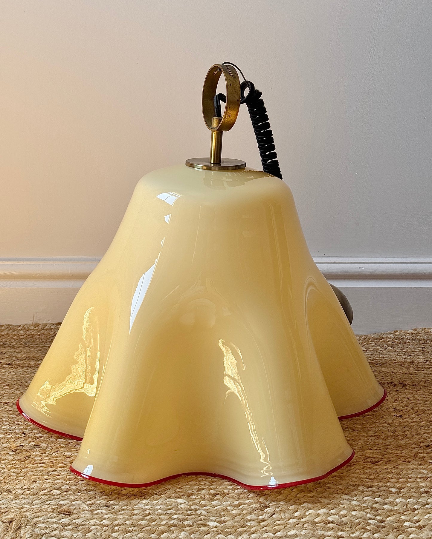 Large Murano Buttery Yellow & Red Rim Handkerchief Pendant, c. 1970s