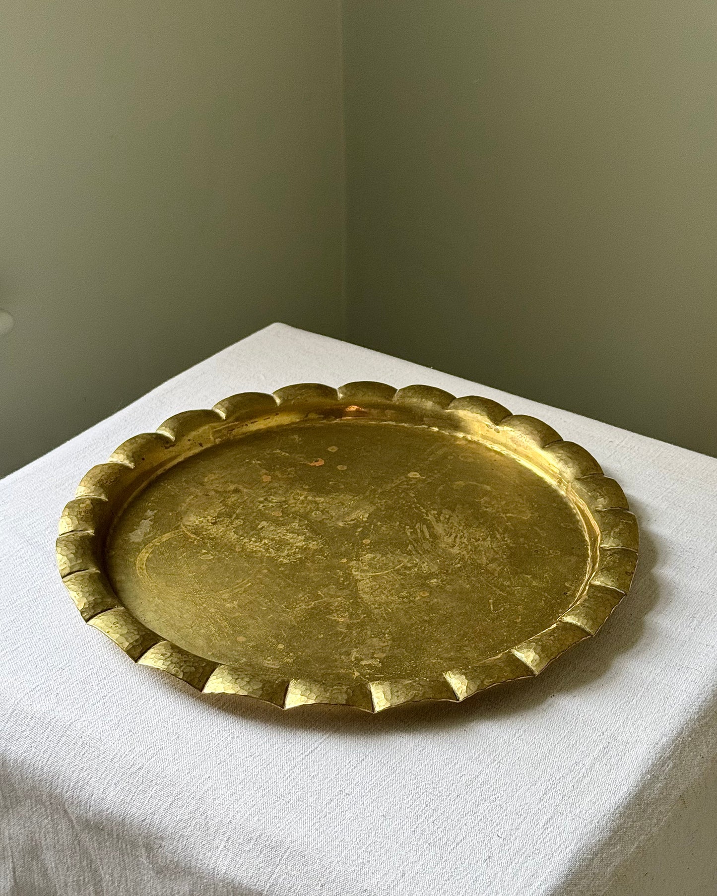 Vintage Hammered Brass Tray with Scalloped Edge